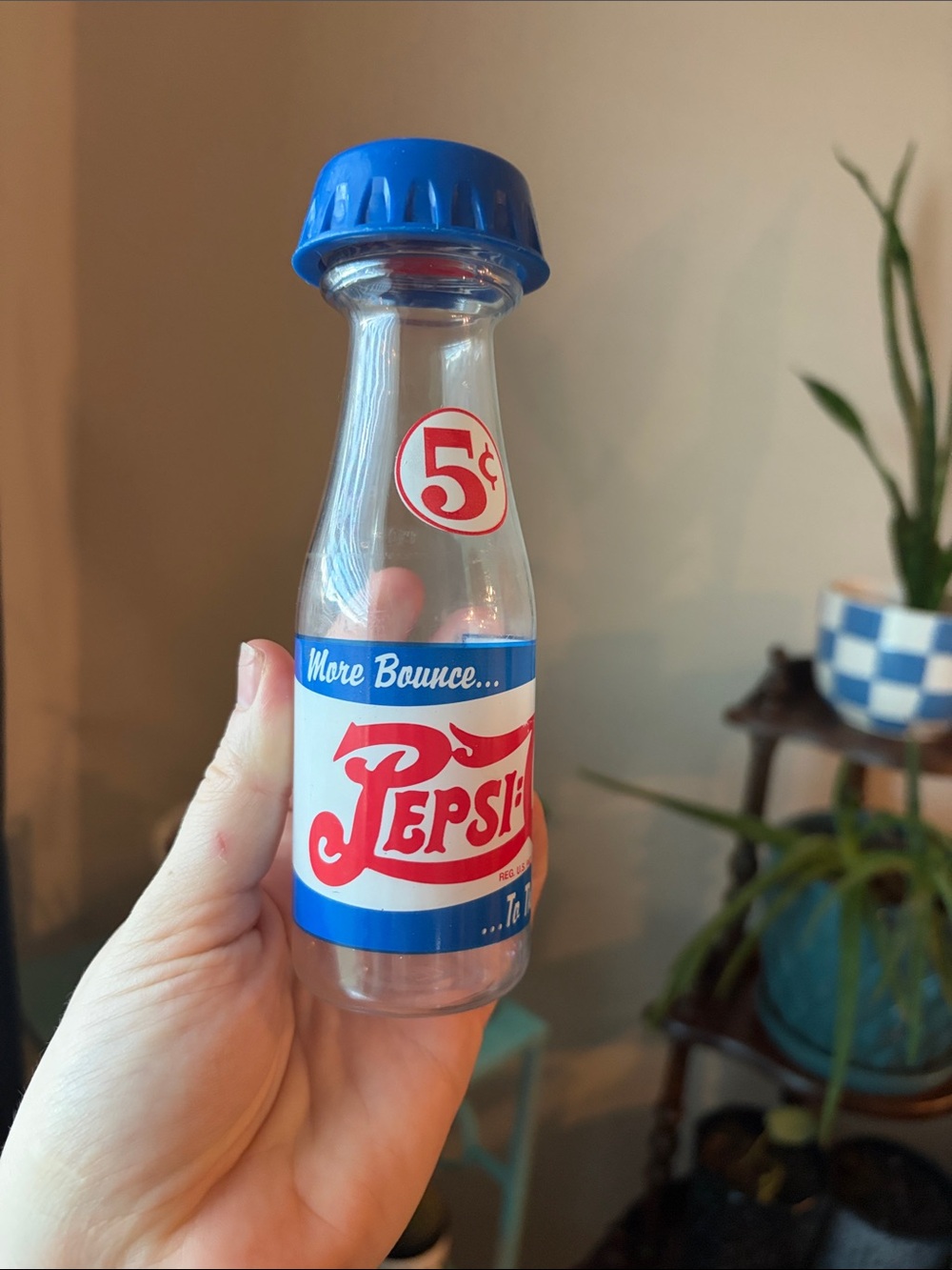 Vintage Pepsi Blue and Red Plastic Bottle with Blue Cap